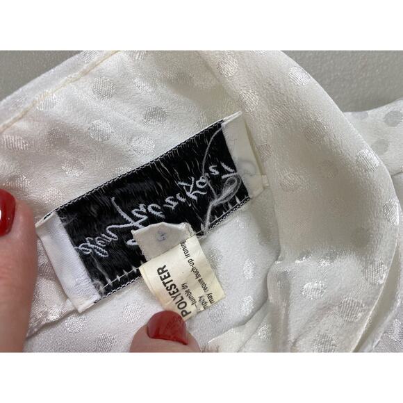 Vintage Helen Fabrikant Blouse Womens 12 White Satin Polka Dot Button Up Top - Picture 10 of 12